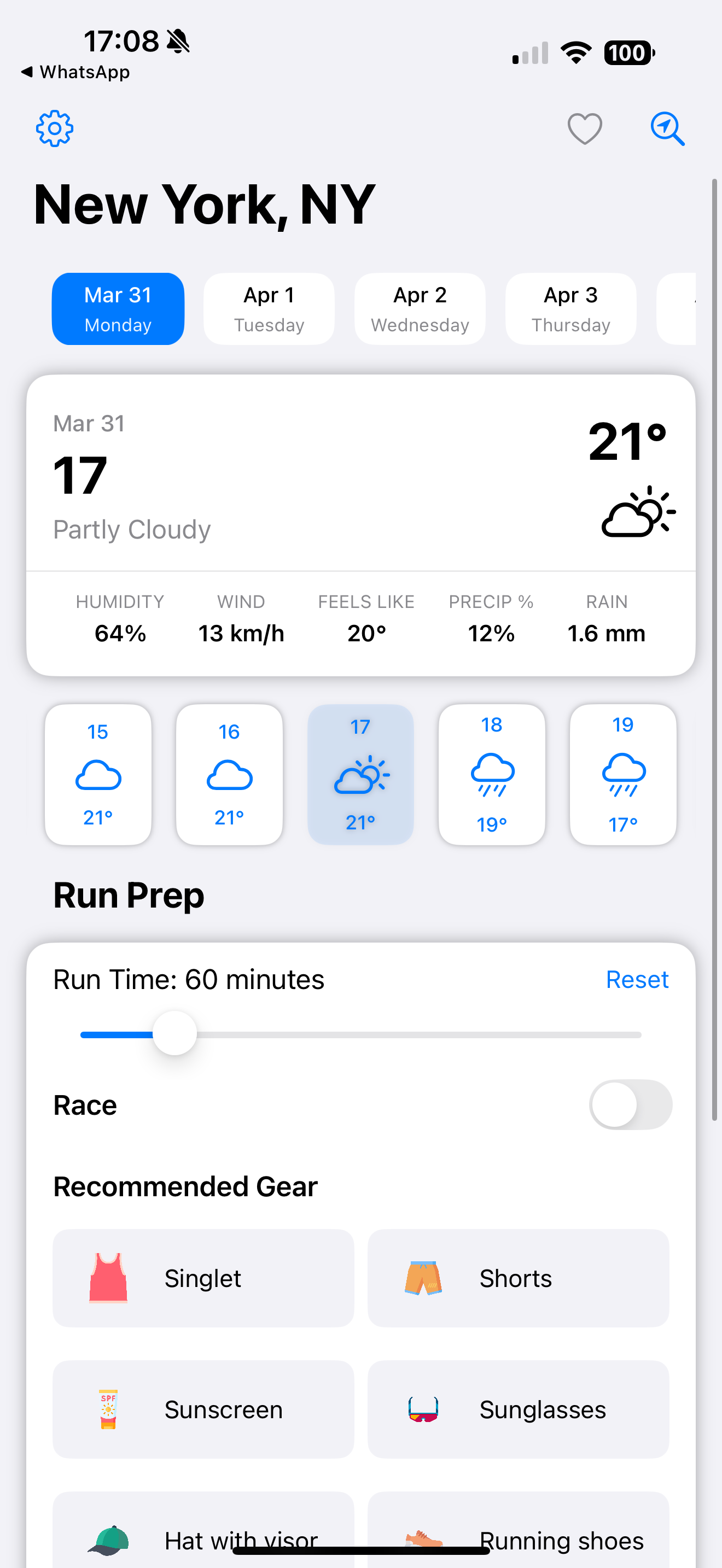 Run Prep main screen showing weather and gear recommendations